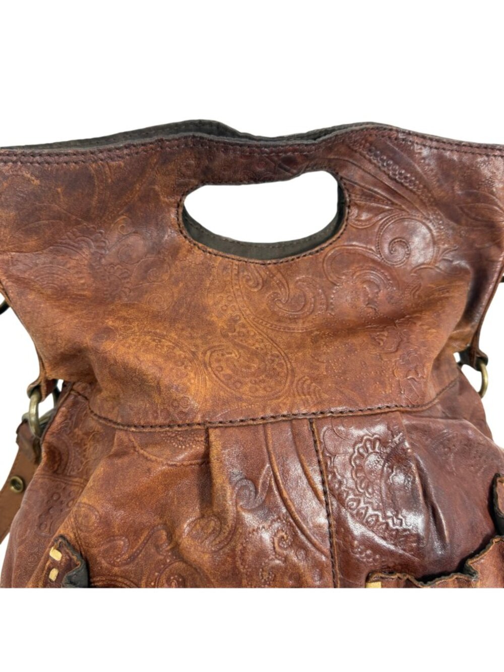 Vintage Lucky Brand Embossed Brown Lamb Leather Slouchy Shoulder Crossbody Bag - Picture 5 of 13
